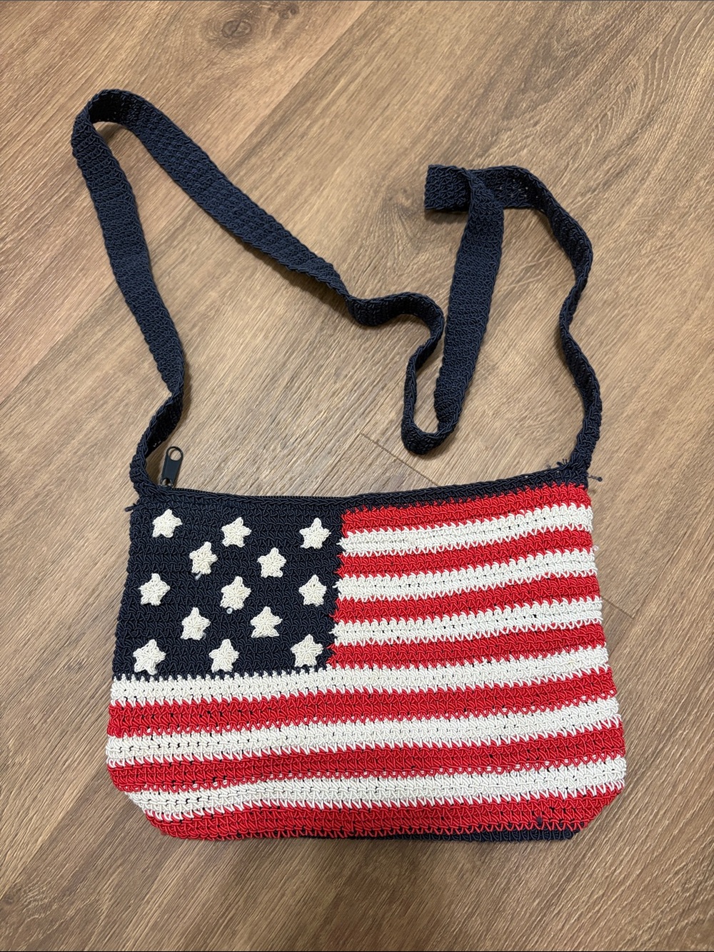 Vintage Purse Crossbody American Flag Tote Red White Blue Patriotic Crocheted